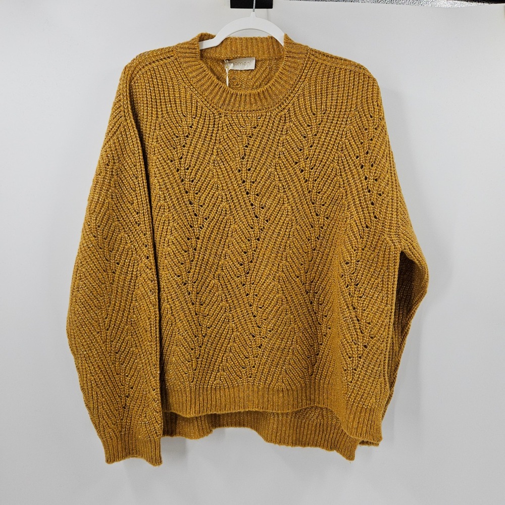 Momoni Senape Pullover Sweater Gold Metallic Pointelle Open Knit Oversized NWT L
